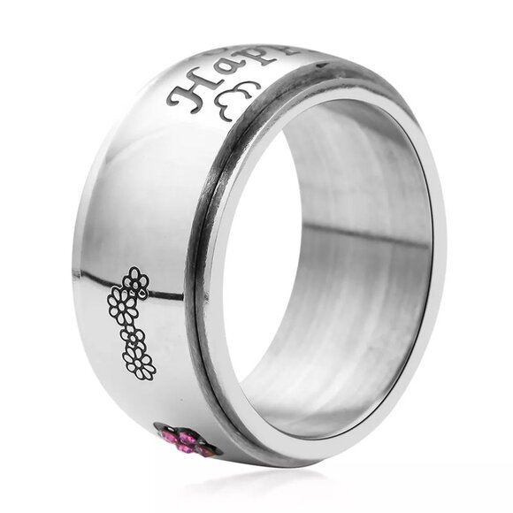 Happy Engraved Spinner Ring Austrian Crystal & Enameled Purple Size 10 - Picture 5 of 6